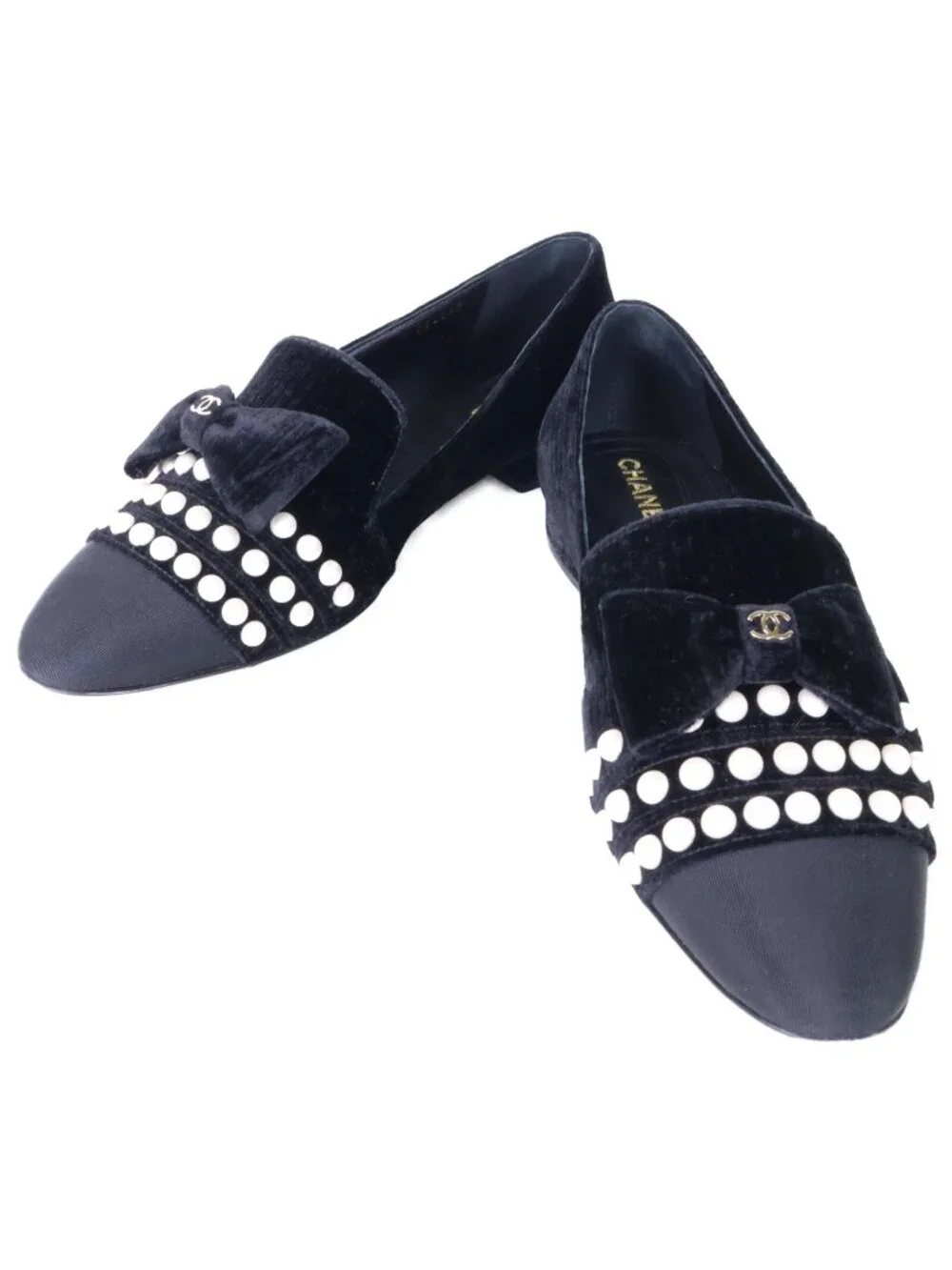 Chanel CC Logo Faux Pearl Ribbon Velvet Opera Shoes 39.5C